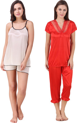 YUALIN CREATION Women Solid Red, Grey Top & Shorts Set