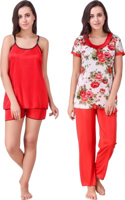 YUALIN CREATION Women Solid, Floral Print Red Top & Shorts Set