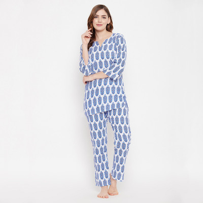 Clovia Women Printed Blue, White Top & Pyjama Set