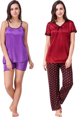 YUALIN CREATION Women Solid Maroon, Purple Top & Shorts Set
