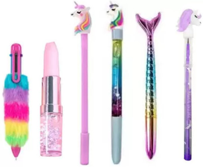 Taufa Villa 6 Pcs Unicorn Pen Combo- Gel Pen Water Pen Lipstic Pen Mermaid Pen For Girls Gel Pen(Pack of 6, Ink Color - Blue)