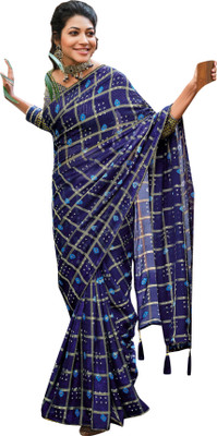 Pbs Prints Checkered Bandhani Chiffon Saree(Dark Blue)