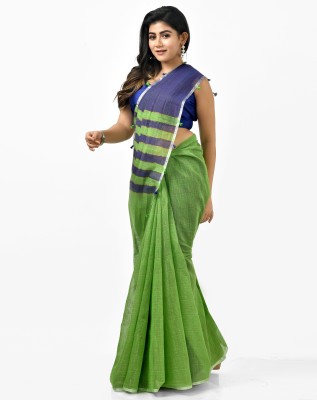 crochetin Woven Handloom Cotton Blend Saree(Dark Blue, Green)