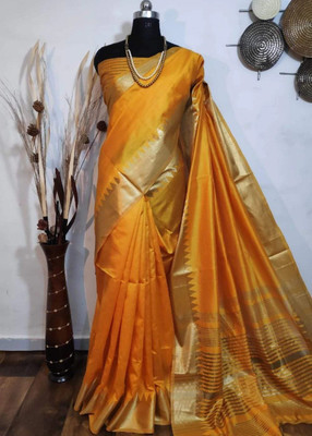 PRIYESHA TEXTILES Temple Border, Solid/Plain Bollywood Silk Blend, Cotton Linen Saree(Yellow)