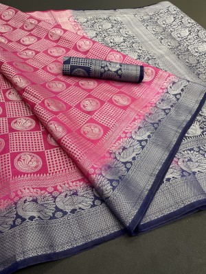 Harekrishna creation Woven Banarasi Jacquard, Cotton Silk Saree(Silver, Gold, Blue, Pink)