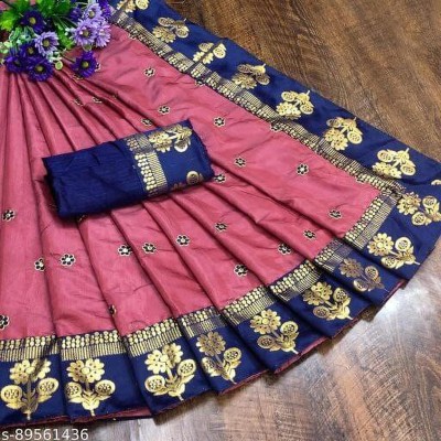 SHIREJA FASHION Embroidered Daily Wear Silk Blend Saree(Dark Blue, Beige)