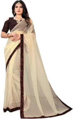 DDRS Fashion Embroidered Bollywood Net Saree(Cream)