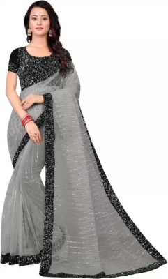 DDRS Fashion Embroidered Bollywood Net Saree(Grey)