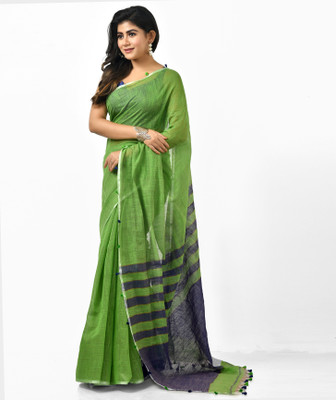 Mystory Self Design Handloom Handloom Cotton Blend Saree(Dark Blue, Green)
