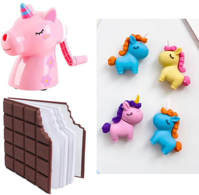 Ridhi Sidhi UNICORN SHARPENER AND ERASERS WITH CHOCOLATE FRANGRANCE DIARY COMBO TABLE Sharpeners(Set of 6, Multicolor)