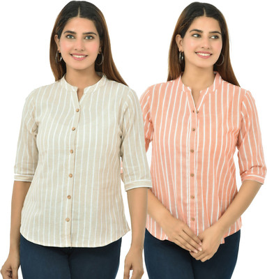 FABISHO Women Striped Casual Orange, Beige Shirt(Pack of 2)