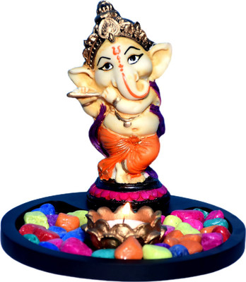AVON STAR GALLERY Ganesha Statue Playing Bansuri with with Wooden Flower Decorative Showpiece  -  17 cm(Polyresin, Multicolor)