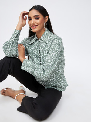 KIBO Casual Floral Print Women Green Top