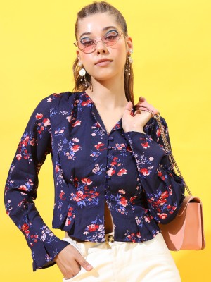 Tokyo Talkies Casual Floral Print Women Dark Blue Top