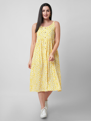 MOLLAR Women A-line Yellow Below Knee Dress