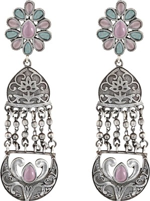 Teejh Teejh Bina Floral Pink & Green Silver Oxidised Earrings Alloy Drops & Danglers