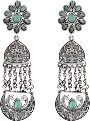 Teejh Bina Floral Green Silver Oxidised Earrings Alloy Drops & Danglers