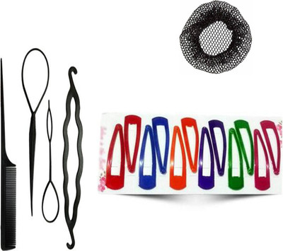 Sharum Crafts 4Pc Comb Set, 1Pc Juda Net Cover & 12 Tic Tac Multi Hair Accessory Set(Black)
