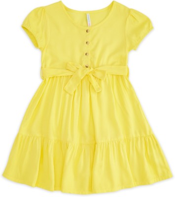 Pantaloons Junior Girls Midi/Knee Length Casual Dress(Yellow, Short Sleeve)