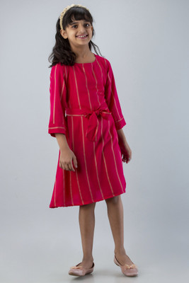 DMP EXPORT Indi Girls Midi/Knee Length Casual Dress(Red, Sleeveless)