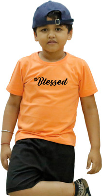 CHOMBOOKA Boys Typography, Printed Cotton Blend Regular T Shirt(Orange, Pack of 1)