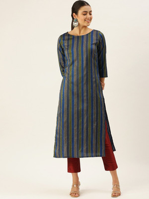 Fourleaf Women Striped Straight Kurta(Green)