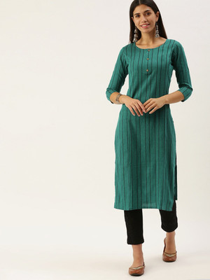 Fourleaf Women Striped, Geometric Print, Solid Straight Kurta(Green)