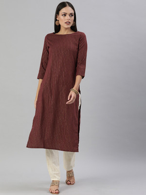 Hritika Women Striped Straight Kurta(Maroon, Gold)