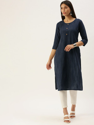 Fourleaf Women Striped Straight Kurta(Dark Blue)