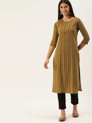 Fourleaf Women Striped, Geometric Print, Solid Straight Kurta(Yellow)