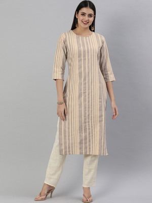 Fourleaf Women Striped Straight Kurta(Brown, Grey)