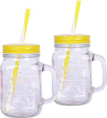 Fiery Juice Jar,Mason Jar with Lid and Straw (Lid colour as per available, 480ml) (2) Glass Mason Jar(480 ml, Pack of 2)