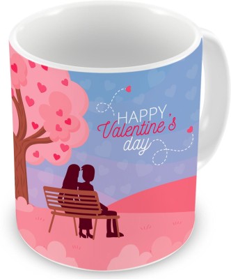 Square Designs Couple Sitting on Bench Happy Valentine's Day Text Printed Thread Hearts Ceramic Coffee Mug(325 ml)