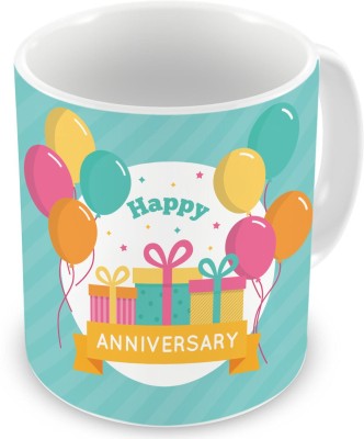 Square Designs Happy Anniversary With Flying Balloons And Events Ceramic Coffee Mug(325 ml)