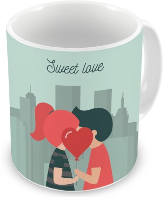 Square Designs Illustrator Boy & Girl Fall in Love Behind Heart with Sweet Love Text Printed Ceramic Coffee Mug(325 ml)