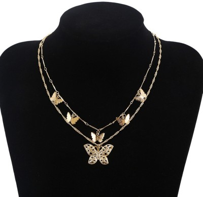 Sorellaz Womens Golden Butterfly Self Design Layered Necklace Metal Chain