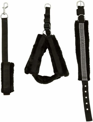 Pets Planet Soft fur collar leash harness set Dog Collar & Leash(Medium, BLACK)