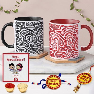 Indigifts Rakhi  Set(Red Handle Mug, Black Handle Mug, Bhaiya Bhabhi Rakhi, Chawal, Roli, Card, Rakhi Gift Hamper)