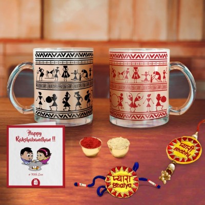 Indigifts Rakhi  Set(Transparent mug set of 2, Bhaiya Bhabhi Rakhi, Chawal, Roli, Card, Rakhi Gift Hamper)