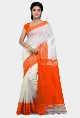 Mystory Woven Handloom Handloom Cotton Silk Saree(White, Orange)