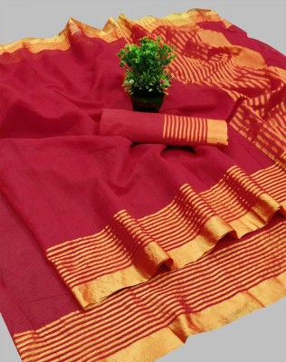 SIRIL Striped, Solid/Plain Banarasi Cotton Silk Saree(Red, Gold)