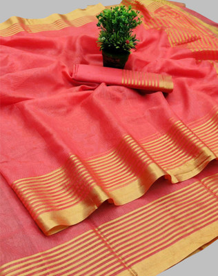 SIRIL Striped, Solid/Plain Banarasi Cotton Silk Saree(Gold, Pink)
