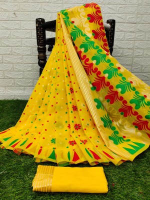 tapovan fashion Woven Jamdani Cotton Silk, Jacquard Saree(Yellow)