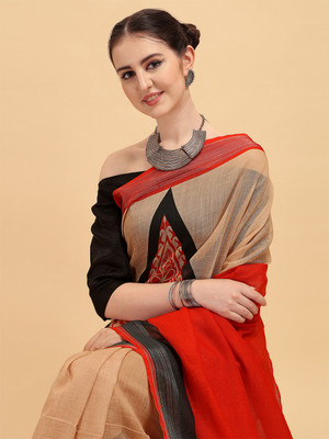 Sangria Printed Bollywood Linen Saree(Beige)
