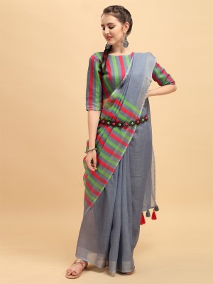 Sangria Printed Bollywood Linen Saree(Grey)