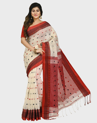 Mystory Woven Handloom Handloom Cotton Blend Saree(Red, Black, Beige)