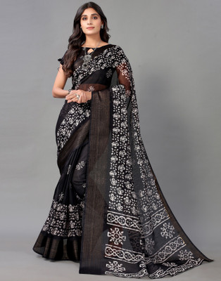 Samah Printed, Embellished, Floral Print Daily Wear Cotton Silk Saree(Black)