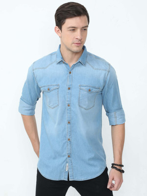 18plus Men Washed Casual Blue Shirt