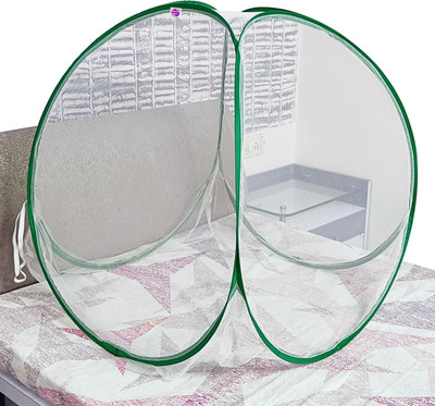 ShreejiHuf Polyester Kids Washable Polyester Washable Foldable Baby Mosquito Net White Color and Green Border Mosquito Net(White-Green, Tent)