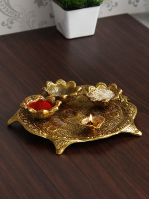 eCraftIndia Swastik Golden Metal Pooja Thali with 3 Bowls and 1 Diya Decorative Showpiece  -  3.5 cm(Metal, Gold)